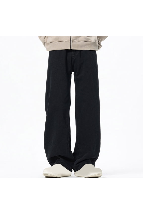 Men's Winter Fleece Lined Jeans Loose High Waist Straight Leg Streetwear Casual Denim Pants with Pockets