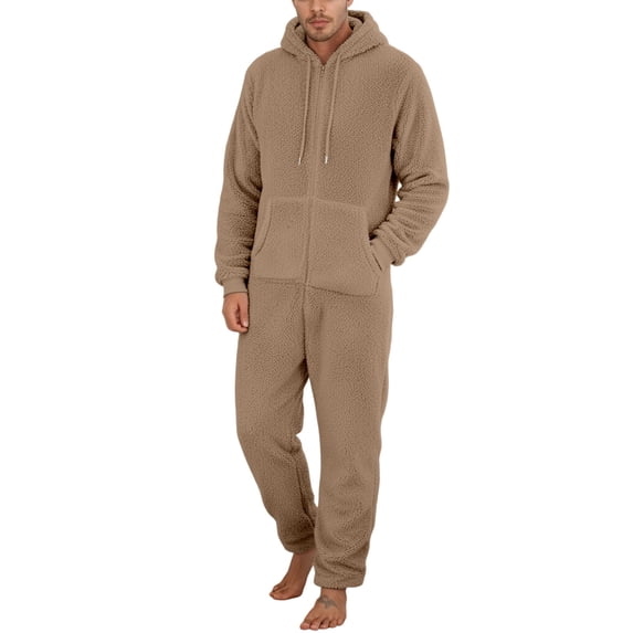 Generic Men's Winter Zipper Hooded Fuzzy Romper Pajamas One Piece Fleece Pajama Jumpsuit Warm Comfy Loungewear