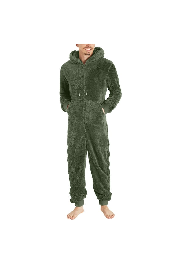 Men's Winter Zipper Hooded Fuzzy Romper Pajamas One Piece Fleece Pajama Jumpsuit Warm Comfy Loungewear