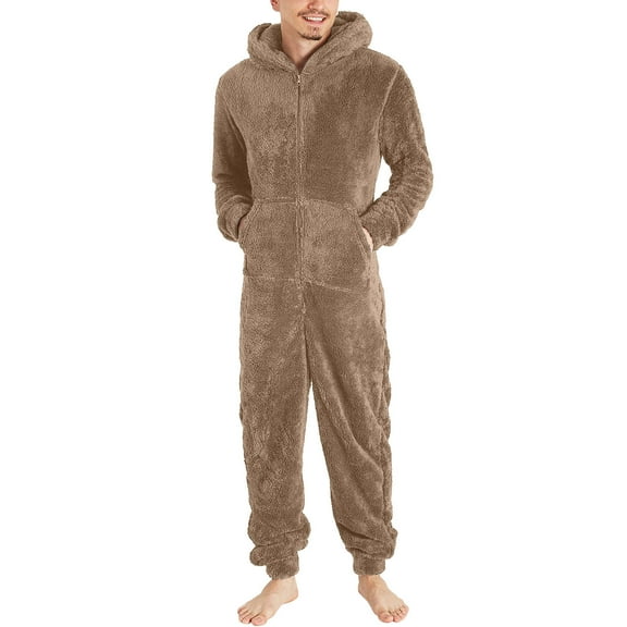 Generic Men's Winter Zipper Hooded Fuzzy Romper Pajamas One Piece Fleece Pajama Jumpsuit Warm Comfy Loungewear