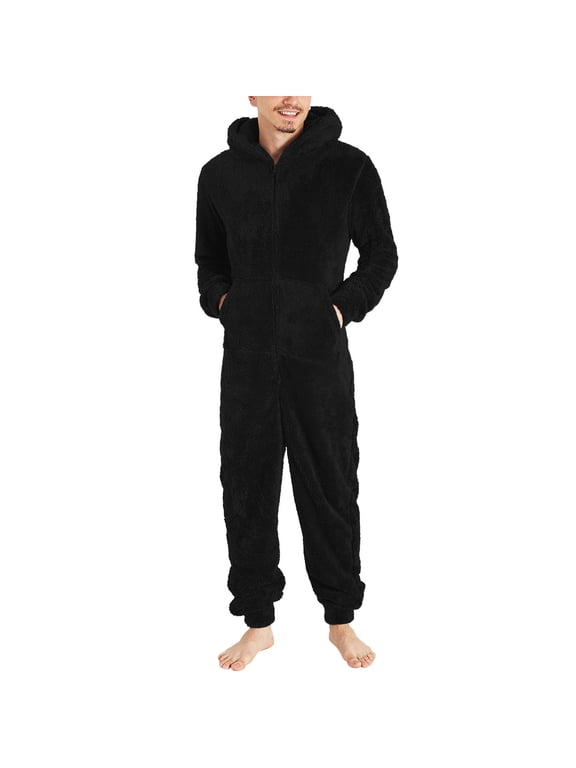 Men's Winter Zipper Hooded Fuzzy Romper Pajamas One Piece Fleece Pajama Jumpsuit Warm Comfy Loungewear