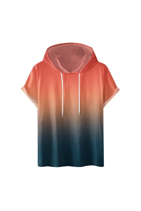 Men's Workout Shirts Loose Fit Short Sleeve Hoodies Casual Stylish Drawstring T Shirt Gradient Color Pullover Tees