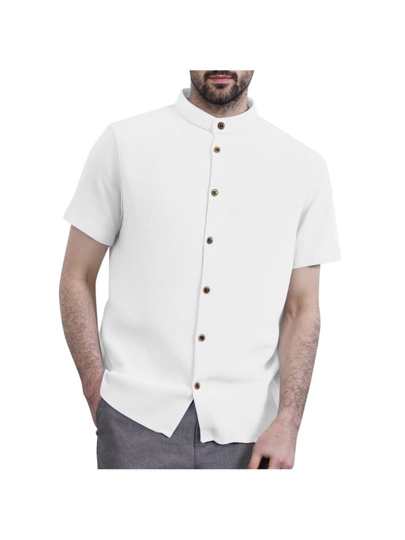 Mens Banded Collar Dress Shirts Short Sleeve Stretch Collarless Dress Shirts for Men Casual Button Down Shirts