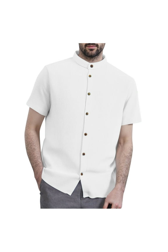 Mens Banded Collar Dress Shirts Short Sleeve Stretch Collarless Dress Shirts for Men Casual Button Down Shirts
