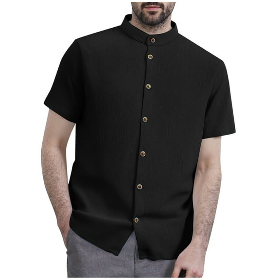 Generic Mens Banded Collar Dress Shirts Short Sleeve Stretch Collarless Dress Shirts for Men Casual Button Down Shirts