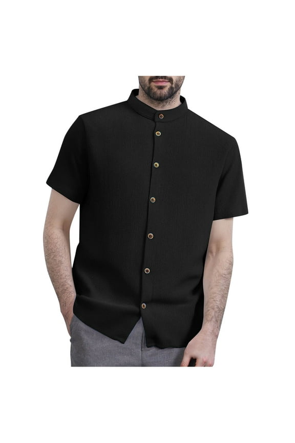 Mens Banded Collar Dress Shirts Short Sleeve Stretch Collarless Dress Shirts for Men Casual Button Down Shirts