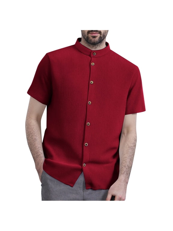 Mens Banded Collar Dress Shirts Short Sleeve Stretch Collarless Dress Shirts for Men Casual Button Down Shirts