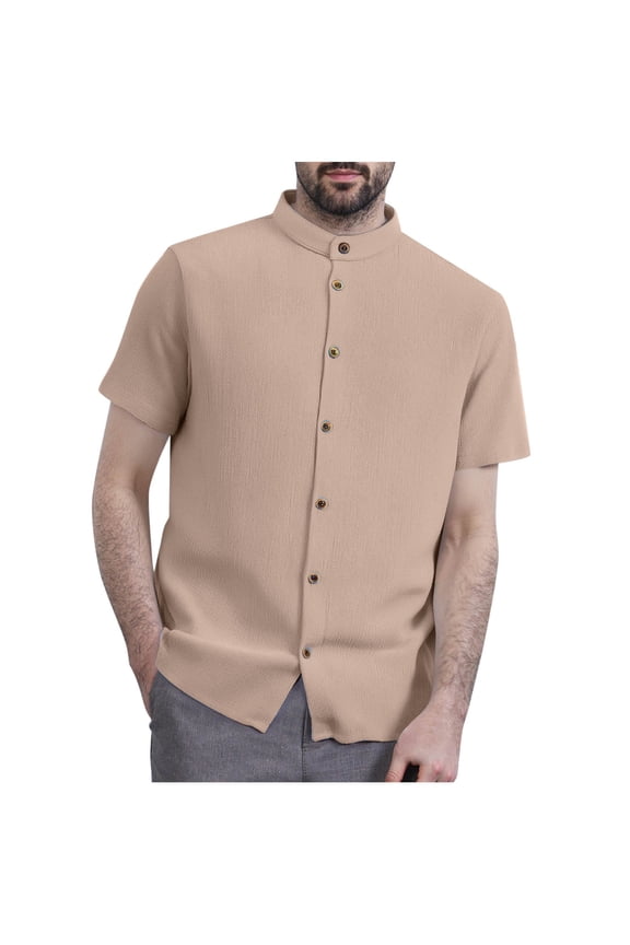 Mens Banded Collar Dress Shirts Short Sleeve Stretch Collarless Dress Shirts for Men Casual Button Down Shirts