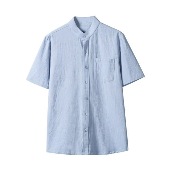 Generic Mens Banded Collar Shirts Casual Short Sleeve Button Down Shirt Summer Loose Fit Beach Hippie Tee Tops with Pocket