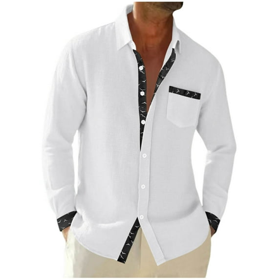Generic Mens Button Down Shirt Classic Basic Vacation Tops Linen Clothes Men's Casual Collar Tee Long Sleeved with Pocket