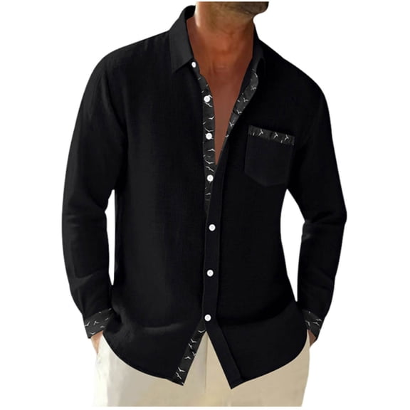 Generic Mens Button Down Shirt Classic Basic Vacation Tops Linen Clothes Men's Casual Collar Tee Long Sleeved with Pocket