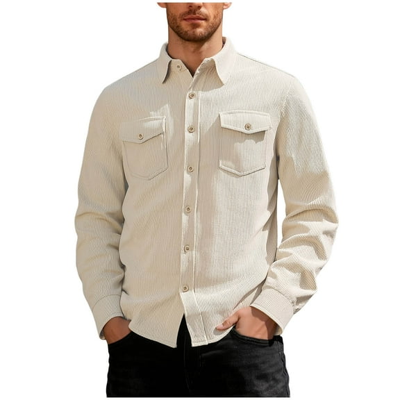 Generic Mens Corduroy Long Sleeve Shirts Casual Western Long Sleeve Button Down Shacket Jackets Fall Outwear with Pockets