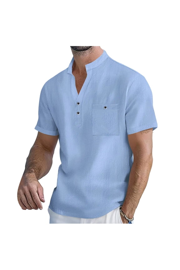 Mens Cotton Linen Henley Shirts V Neck Short Sleeve Button Tops Summer Casual Breathable Vacation Beach Blouse