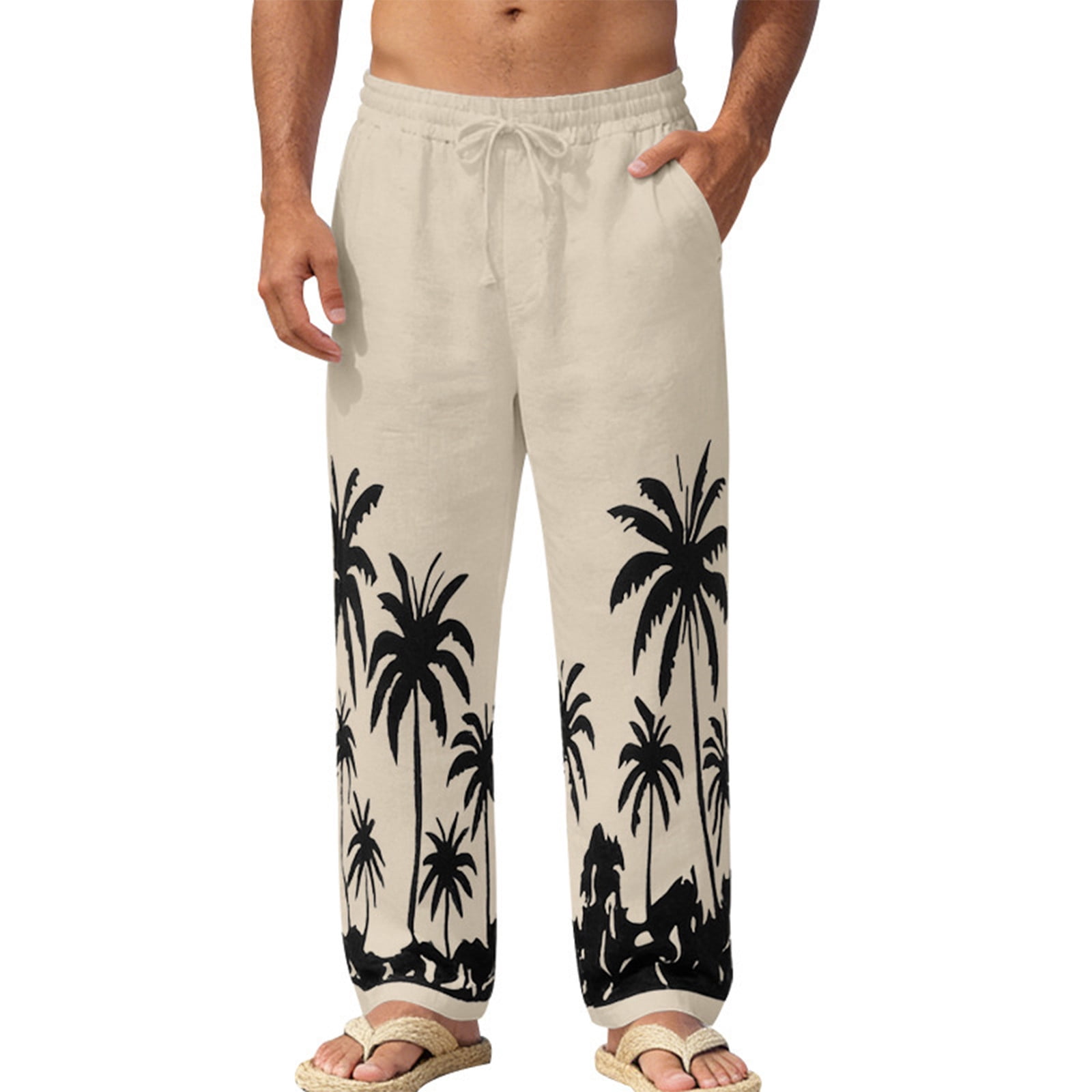 Generic Mens Cotton Linen Pants Hawaii Coconut Printed Elastic Waist ...