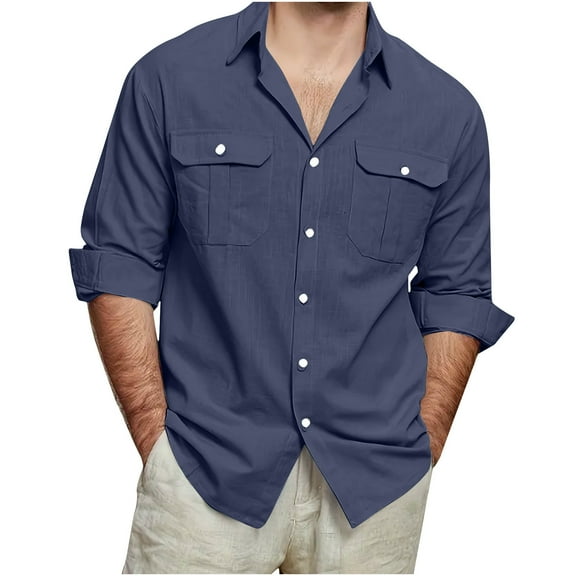 Generic Mens Cotton Linen Shirts Long Sleeve Button Down Cuban Casual Summer Beach Shirt Tops