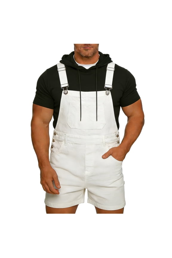 Mens Denim Shorts Solid Color Bib Overall Jean Romper Casual Loose Fit Summer Jumpsuit Coveralls with Zipper