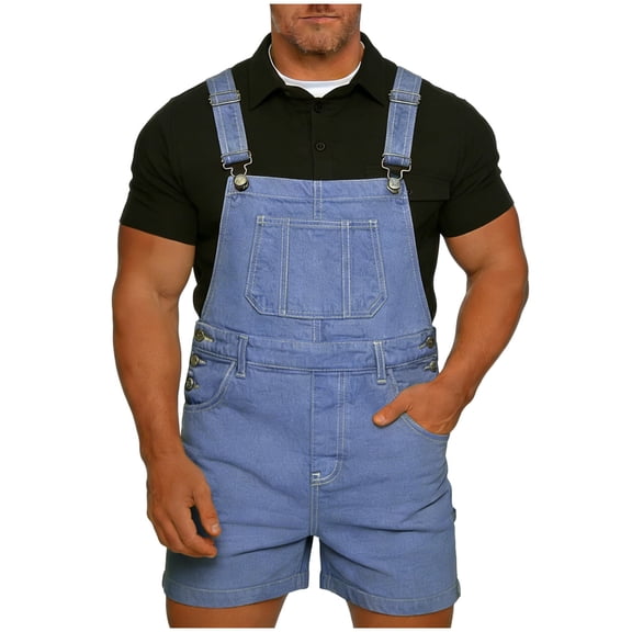 Generic Mens Denim Shorts Solid Color Bib Overall Jean Romper Casual Loose Fit Summer Jumpsuit Coveralls with Zipper