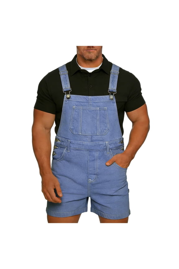 Mens Denim Shorts Solid Color Bib Overall Jean Romper Casual Loose Fit Summer Jumpsuit Coveralls with Zipper