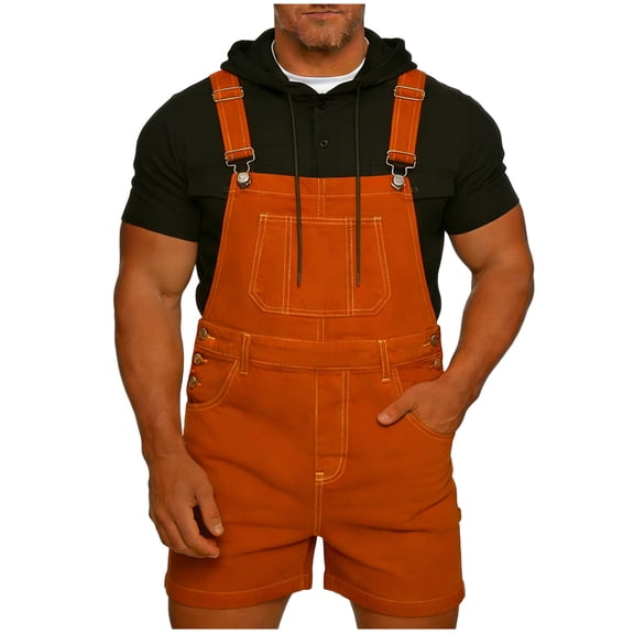 Generic Mens Denim Shorts Solid Color Bib Overall Jean Romper Casual Loose Fit Summer Jumpsuit Coveralls with Zipper