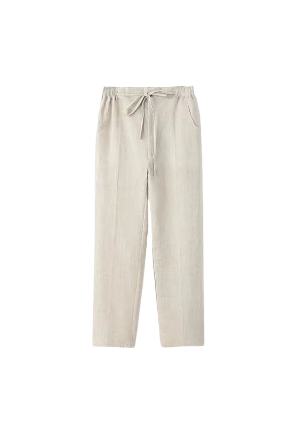 Mens Drawstring Long Pants Casual Cotton Linen Straight Leg Outdoors Trousers Stretchy Waist Solid Running Joggers