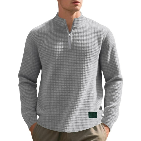 Generic Mens Fitted Sweatshirts Quarter Zip Jacquard Shirts Stand Collar Waffle Long Sleeve Fall Winter Pullover Sweater