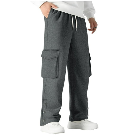 Generic Mens Fleece Cargo Sweatpants Loose Fit Thick Cotton Wide Leg Blend Elastic Waist with Adjustable Drawstring