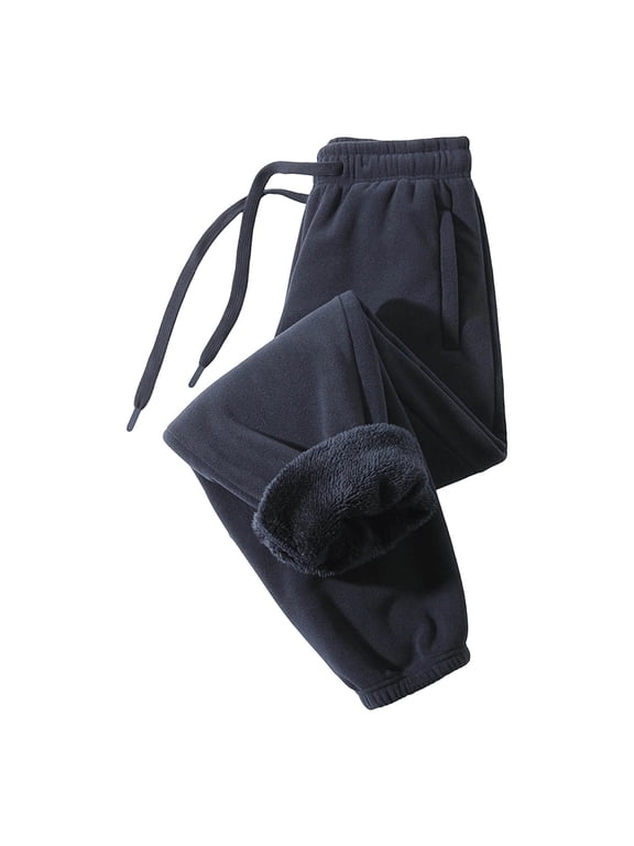 Mens Fleece Lined Pants Winter Warm Water Resistant Sweatpants Sherpa Lined Track Pants with Zipper Pockets