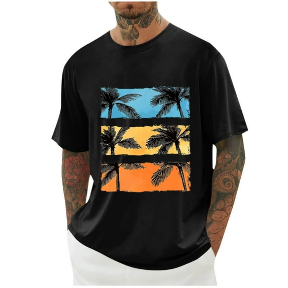 Generic Mens Hawaiian Printed T-Shirts Short Sleeve Summer Casual Shirt Palm Tree Graphic Loose Summer Beach Pullover Tees