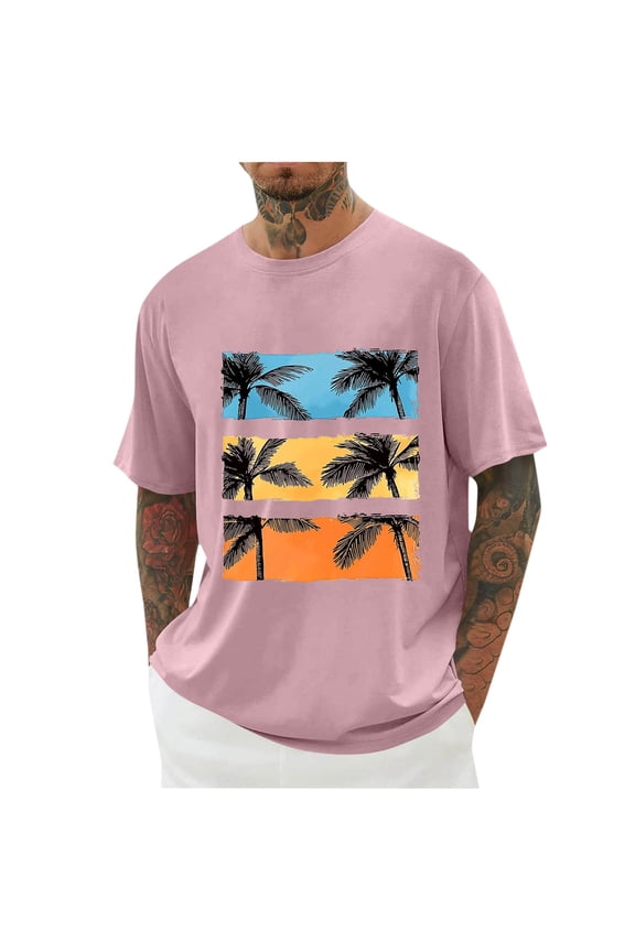 Mens Hawaiian Printed T-Shirts Short Sleeve Summer Casual Shirt Palm Tree Graphic Loose Summer Beach Pullover Tees