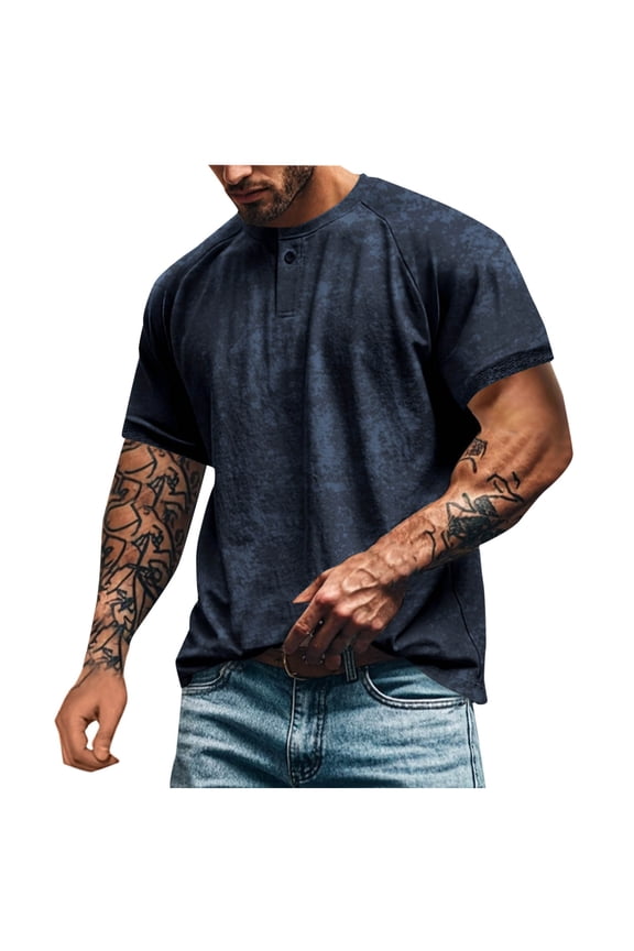 Mens Henley Washed T-Shirts Retro Distressed Short Sleeve Shirts Casual Button Vintage Loose Crewneck Basic Sports Tops