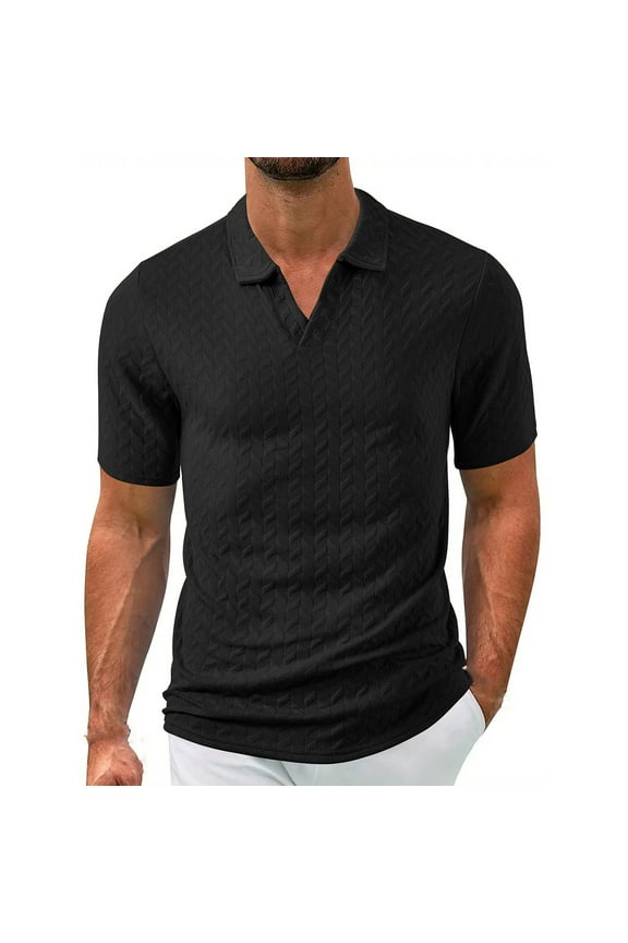 Mens Knit Polo Shirts Casual Stylish V Neck Short Sleeve Sweater Polo Knitted Textured Johnny Collar Tops