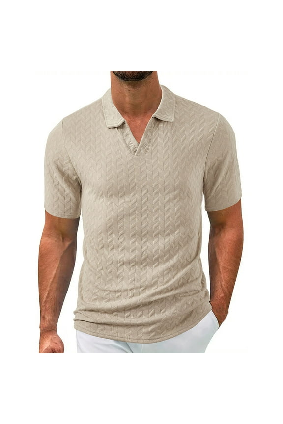 Mens Knit Polo Shirts Casual Stylish V Neck Short Sleeve Sweater Polo Knitted Textured Johnny Collar Tops