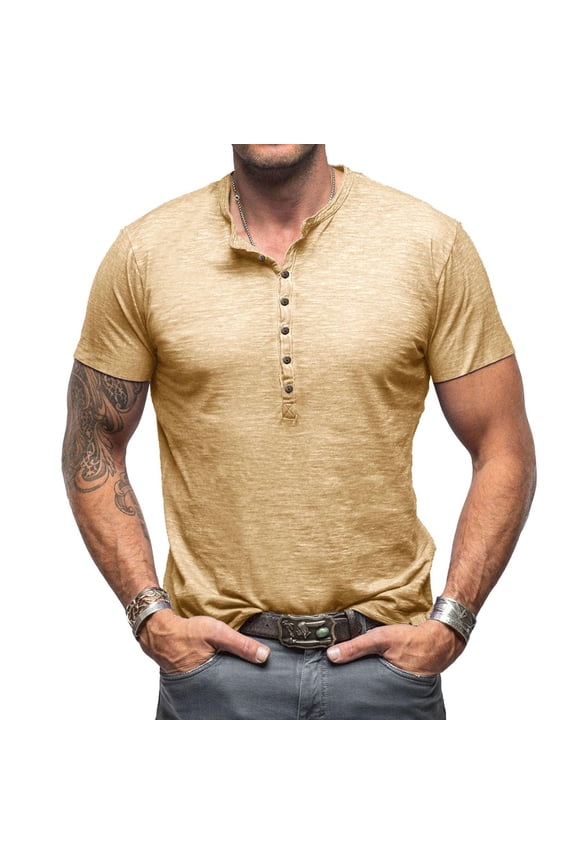 Mens Lightweight Basic Cotton Tops Summer Short Sleeve Henley Shirts Casual Button Henley Soild T-Shirts