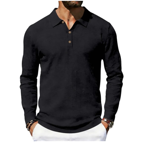 Generic Mens Linen Henley Shirts Casual Long Sleeve V Neck Polo T-Shirts Button Down Loose Collar Beach Tops