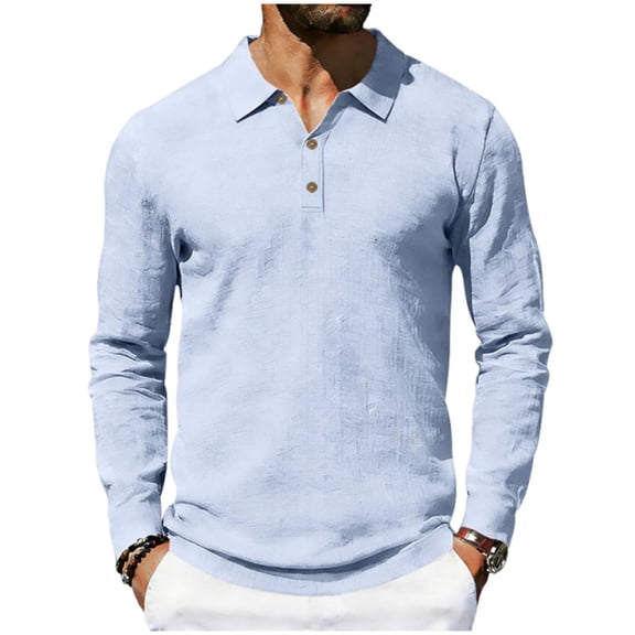 Generic Mens Linen Henley Shirts Casual Long Sleeve V Neck Polo T-Shirts Button Down Loose Collar Beach Tops