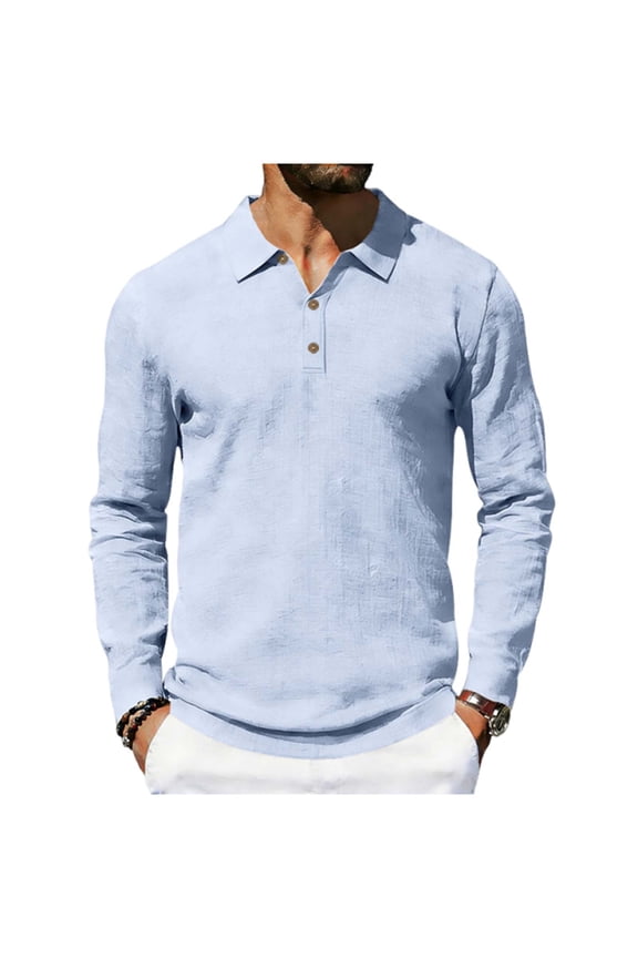 Mens Linen Henley Shirts Casual Long Sleeve V Neck Polo T-Shirts Button Down Loose Collar Beach Tops