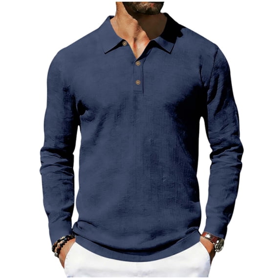 Generic Mens Linen Henley Shirts Casual Long Sleeve V Neck Polo T-Shirts Button Down Loose Collar Beach Tops