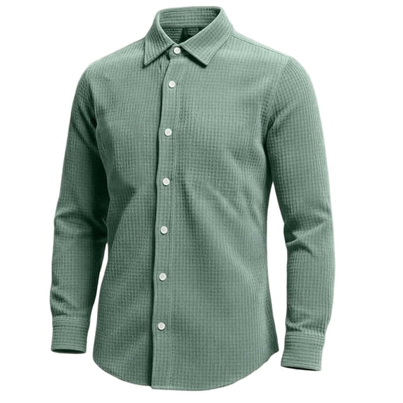 Generic Mens Long Sleeve Waffle Shirts Casual Solid Color Button Long Sleeve Shirt Stretch Business Work Collared Tee Tops