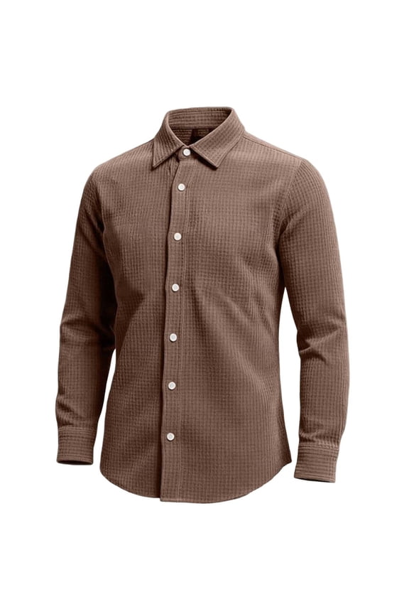 Mens Long Sleeve Waffle Shirts Casual Solid Color Button Long Sleeve Shirt Stretch Business Work Collared Tee Tops