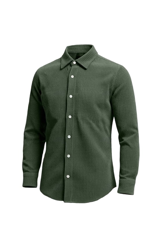 Mens Long Sleeve Waffle Shirts Casual Solid Color Button Long Sleeve Shirt Stretch Business Work Collared Tee Tops