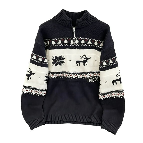 Generic Mens Quarter Zip Christmas Sweater Mock Neck Fair Isle Knit Snowflake Reindeer Graphic Casual Vintage Sweater