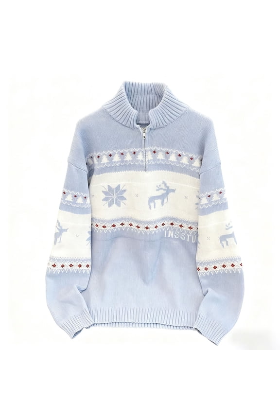 Mens Quarter Zip Christmas Sweater Mock Neck Fair Isle Knit Snowflake Reindeer Graphic Casual Vintage Sweater