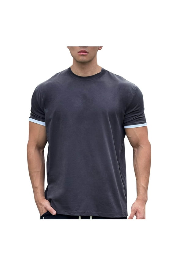 Mens Short Sleeve Sports Shirts Casual Crew-Neck Slim Fit Stretch Cotton T Shirt Quick Dry Gym Tee Tops