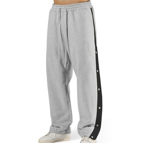 Generic Mens Side Button Sweatpants Baggy Elastic Waist Drawstring Joggers Wide Leg Workout Athletic Sweat Pants