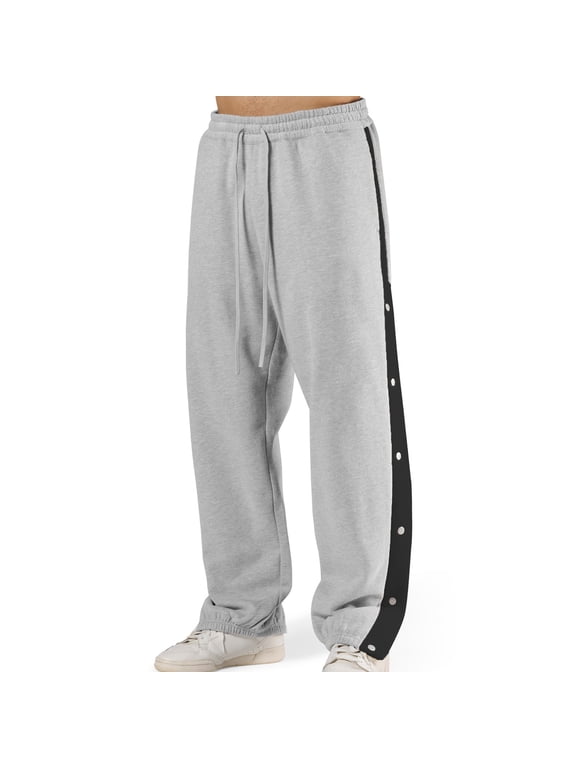 Mens Side Button Sweatpants Baggy Elastic Waist Drawstring Joggers Wide Leg Workout Athletic Sweat Pants