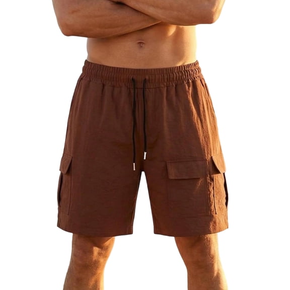 Generic Mens Solid Color Cargo Shorts Casual Lightweight Stretch Hiking Short Elastic Waist Drawstring with Multipockets