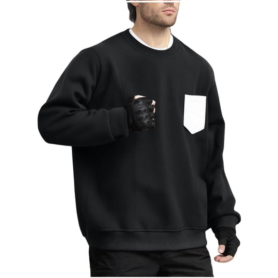 Generic Mens Solid Color Sweatshirts Casual Crewneck Long Sleeve Pullover Thermal Shirts with Constrast Color Pocket