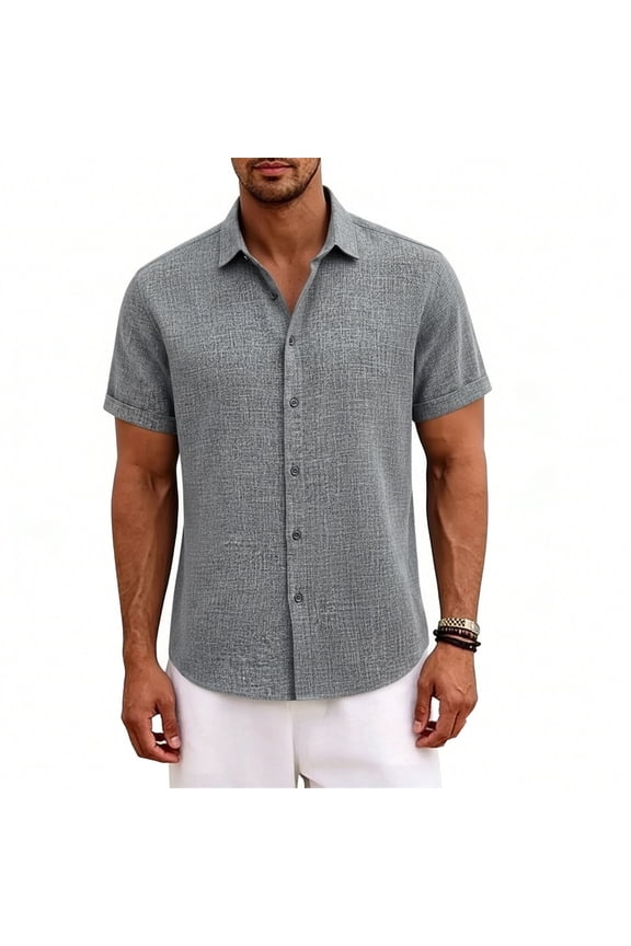 Mens Summer Linen Shirt Short Sleeve Wrinkle Free Casual Untucked Button Down Shirts Beach Breathable Tops