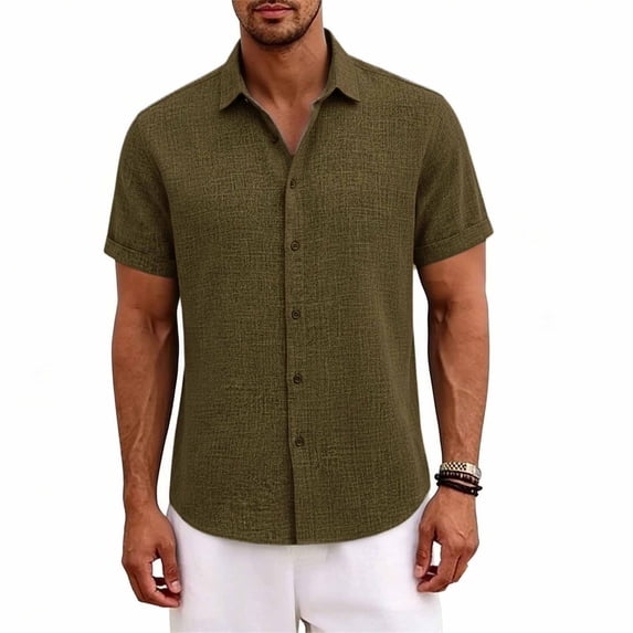 Generic Mens Summer Linen Shirt Short Sleeve Wrinkle Free Casual Untucked Button Down Shirts Beach Breathable Tops
