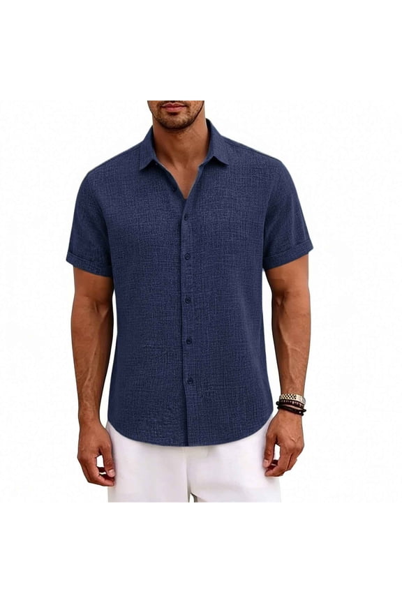 Mens Summer Linen Shirt Short Sleeve Wrinkle Free Casual Untucked Button Down Shirts Beach Breathable Tops